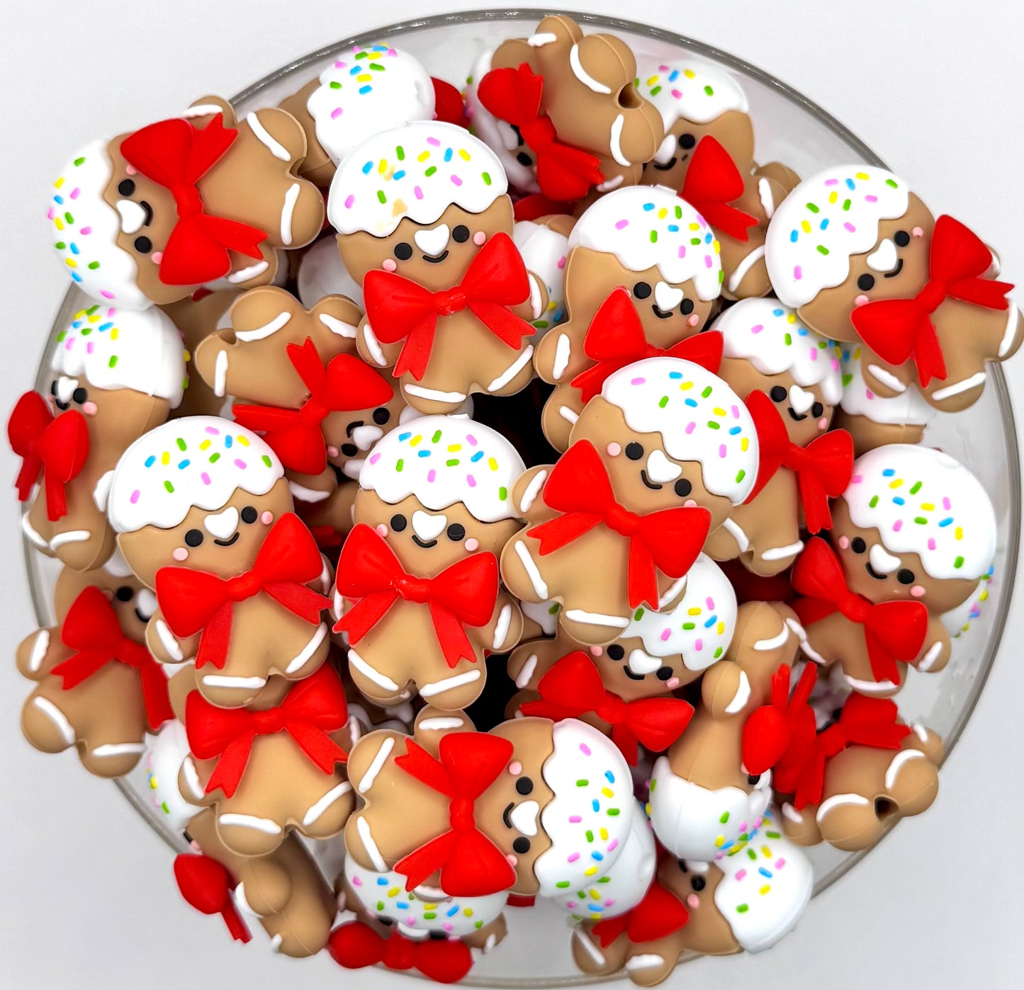 3D Christmas gingerbread man with red bow silicone focal bead