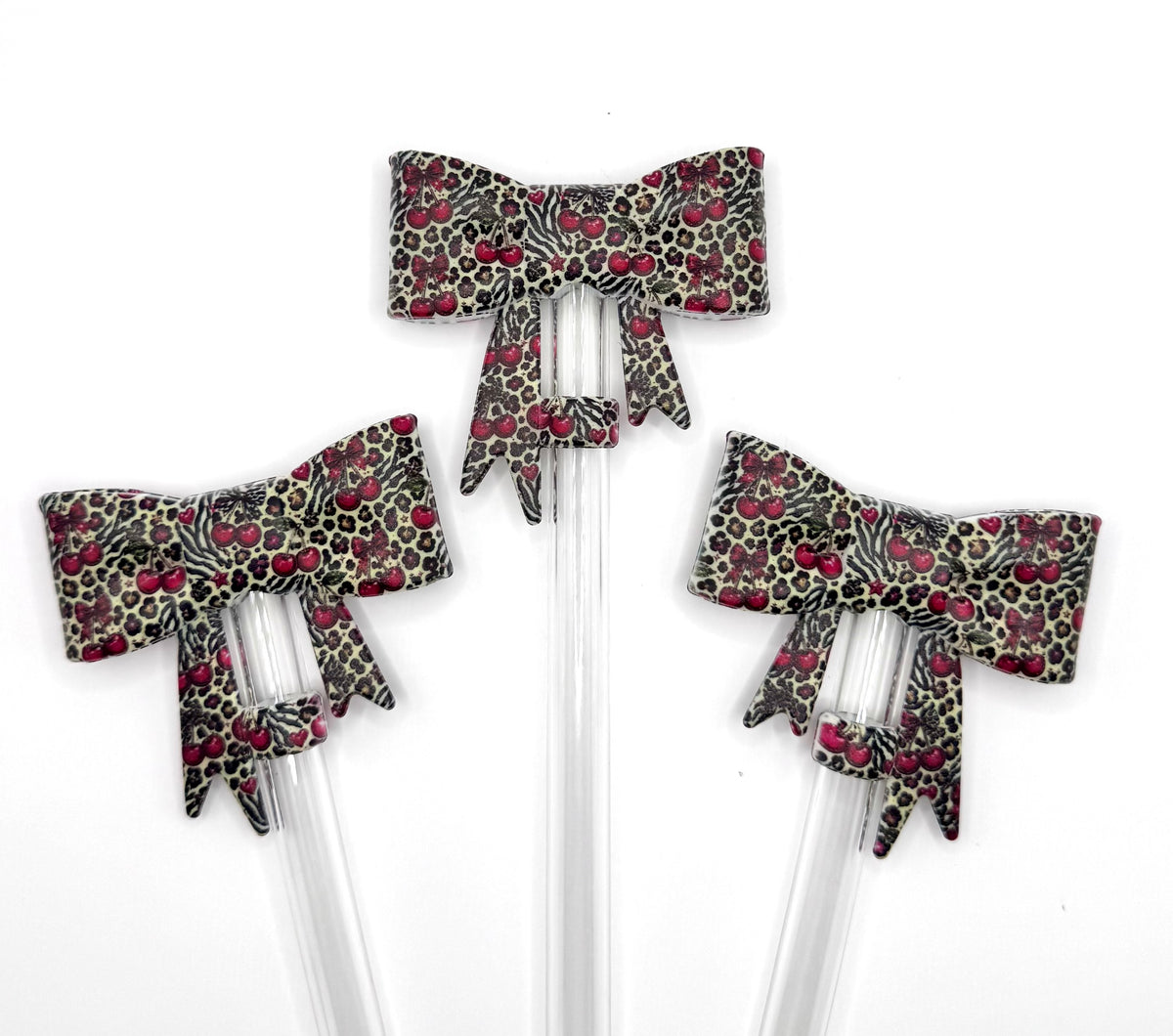 Leopard and zebra cherry print big bow silicone straw topper