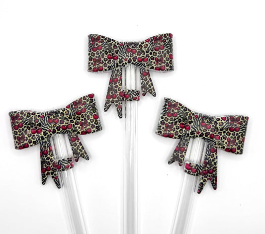 Leopard and zebra cherry print big bow silicone straw topper