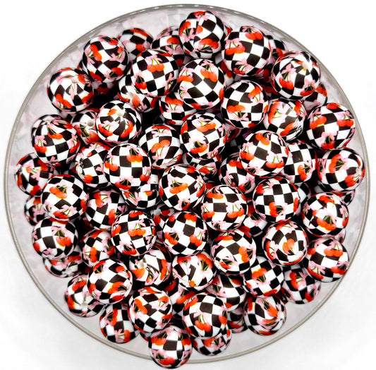 15mm checkered cherry with bow print (HBK exclusive) silicone bead