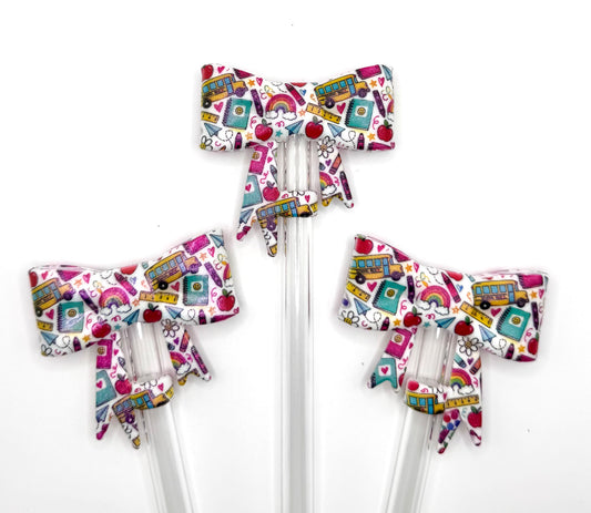 Opal teacher print (HBK exclusive) big bow silicone straw topper
