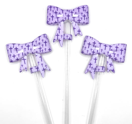 Purple cross print bow (HBK exclusive) silicone straw topper