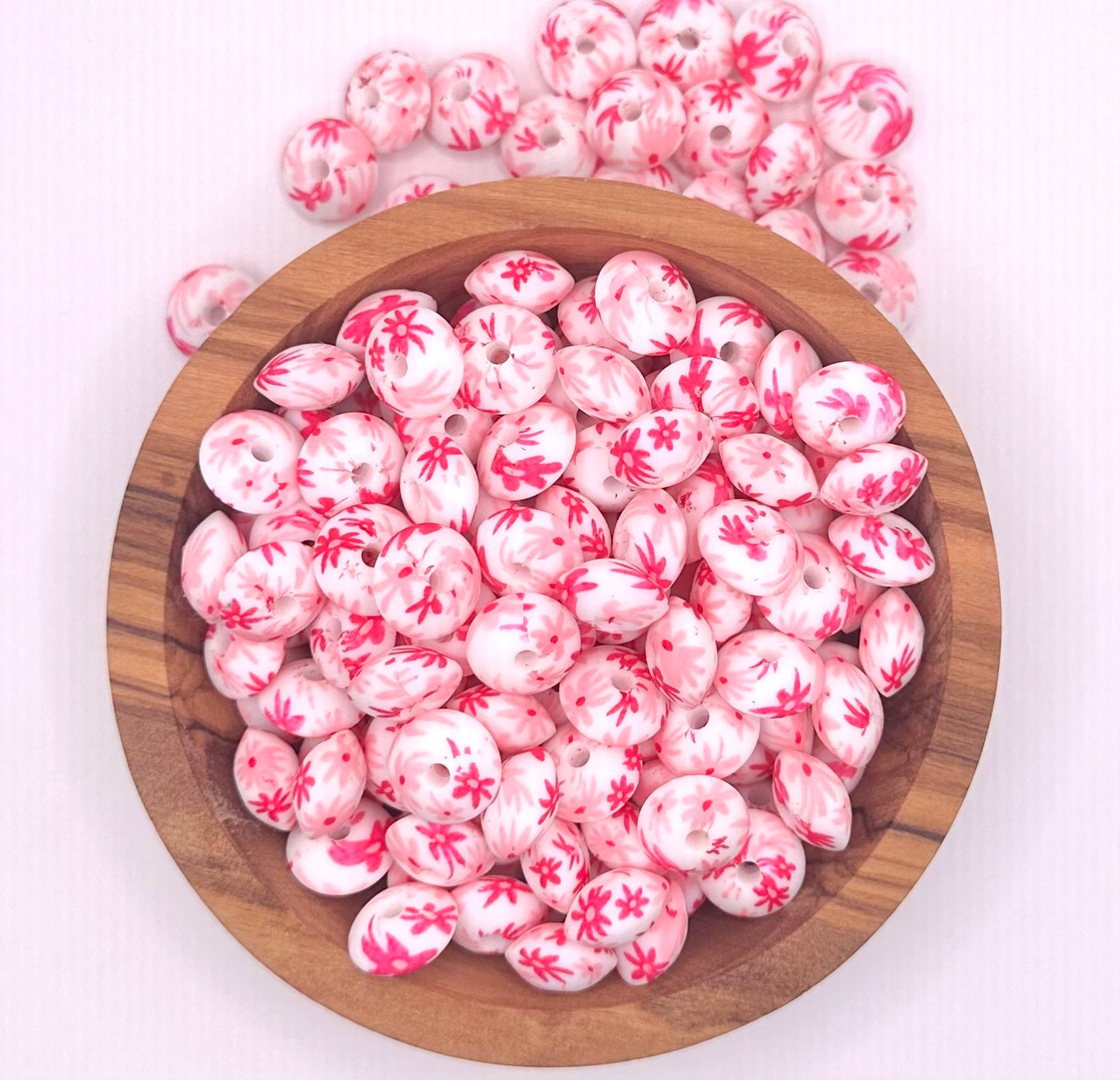 12mm Pink daisy print (HBK exclusive) lentil silicone bead