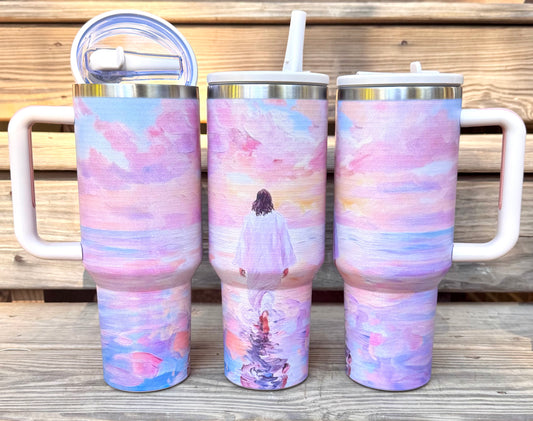 Pink Jesus walking on water (HBK exclusive) 40 oz stainless steel tumbler, leakproof with lit & straw