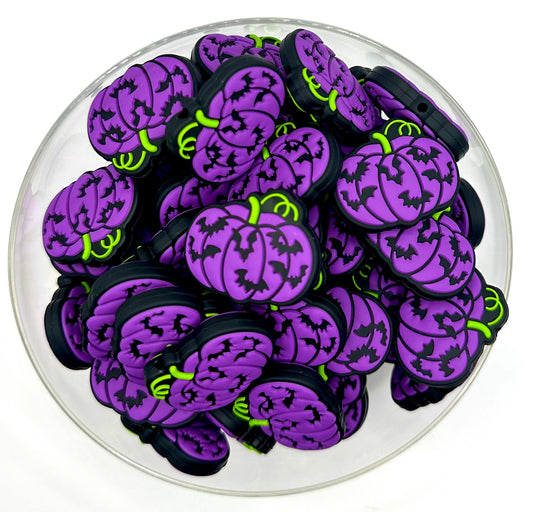 Purple pumpkin with bats silicone focal bead