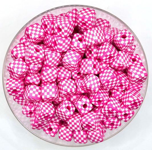 14mm squared hot pink checkered print acrylic bead