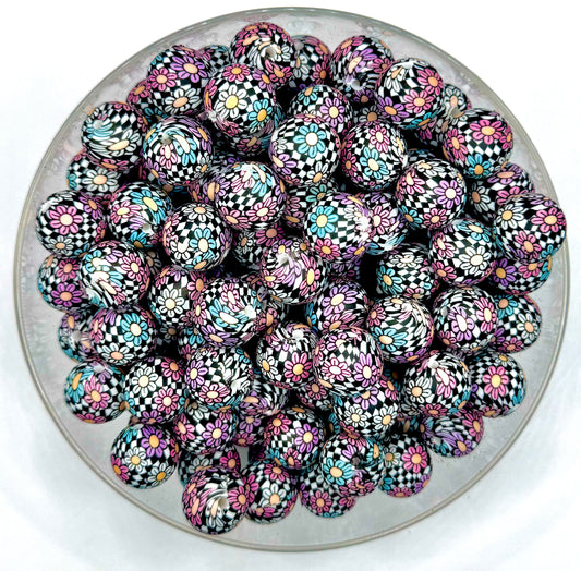 15mm checkered daisy print silicone bead